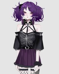 1girl bare_shoulders belt black_belt black_choker black_shirt breasts chestnut_mouth choker cleavage collarbone commentary_request cowboy_shot diagonal_bangs fishnet_thighhighs fishnets fur-trimmed_skirt fur_trim grey_background hair_ornament hairclip hazaki_yoshino headphones headphones_around_neck highres idolmaster idolmaster_shiny_colors o-ring o-ring_choker off-shoulder_shirt off_shoulder pleated_skirt purple_eyes purple_hair purple_skirt shirt sideways_glance simple_background skirt sleeve_belt solo standing straight-on tanaka_mamimi thighhighs twintails twitter_username
