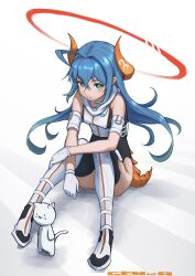 1girl absurdres ahoge akemiya_genma bad_id bad_twitter_id black_thighhighs blue_hair boots breasts cat closed_mouth crossed_bangs dragon_horns dragon_tail earclip gloves green_eyes halo highres horns inactive_account leotard long_hair original pointy_ears sitting small_breasts solo tail thigh_boots thighhighs white_gloves
