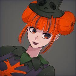 1girl cheesecaked23 closed_mouth disneyland double_bun gloves hair_bun halloween halloween_costume hat highres hime_cut long_hair long_sleeves looking_at_viewer makeup orange_eyes orange_hair shirt smile solo