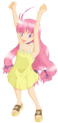 1girl antenna_hair armpits arms_up bad_id dress full_body long_hair looking_at_viewer low-tied_long_hair magical_antique open_mouth pink_hair sandals simple_background smile solo sphie sundress tachibana_sakuya_(matsurika) white_background yellow_dress yellow_sandals