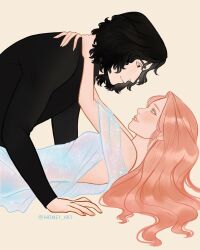 1boy 1girl arms_around_neck black_hair breasts commission copyright_request couple dress green_eyes hetero highres hug looking_at_another lying medium_breasts neia_(honei.studio) novel_illustration official_art on_back red_hair see-through_clothes see-through_dress simple_background smile wavy_hair