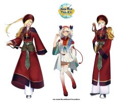 3girls an_phong_van ao_nhat_binh artist_request blonde_hair check_artist dai_phung_ty green_eyes highres khan_van logo long_hair multiple_girls nambinhthankhi panties sandals smile sword tassel thighhighs tieu_phung_muoi underwear vietnamese_clothes vietnamese_commentary weapon white_hair white_panties