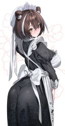 1girl absurdres ahoge animal_ear_fluff animal_ears apron ass back_bow bear_ears bear_girl black_dress blush bow breasts brown_eyes brown_hair closed_mouth commentary_request cowboy_shot crossed_bangs dress embarrassed embroidery floral_background frilled_hat frills from_side furrowed_brow hair_between_eyes hat heart heart_ahoge highres juliet_sleeves korean_commentary krabking large_breasts long_sleeves maid maid_apron mob_cap multicolored_hair original pantylines puffy_sleeves short_hair solo standing streaked_hair turning_head two-tone_hair victorian_maid white_apron white_bow white_hair white_hat