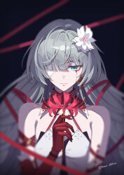 Rule 34 | 1girl, absurdres, artist name, bandage over one eye, bare shoulders, black background, blood, bloody tears, blue eyes, blurry, blurry background, blurry foreground, closed mouth, commentary request, dao qie, depth of field, earrings, flower, grey hair, hair flower, hair ornament, hand up, highres, holding, holding flower, jewelry, long hair, looking at viewer, phrolova (wuthering waves), solo, spider lily, straight-on, tacet mark (wuthering waves), upper body, white flower, wuthering waves