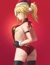 1girl arched_back ass back bare_arms bare_shoulders belt blonde_hair box braid breasts commentary_request fate/apocrypha fate_(series) female_focus from_side gift gift_box green_eyes hat highres long_hair looking_at_viewer looking_to_the_side meme_attire mordred_(fate) mordred_(fate/apocrypha) ponytail pout profile red_background red_sweater santa_hat sideboob simple_background small_breasts solo sweater teeth thighs tonee virgin_killer_sweater