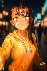 Rule 34 | 1girl, after fellatio, artist name, asymmetrical bangs, black hair, blurry, blurry background, breasts, brown eyes, bukkake, commentary, cum, cum on body, cum on breasts, cum on clothes, cum on hair, cum on upper body, cumwalk, dark-skinned female, dark skin, drawstring, earclip, english commentary, facial, female pervert, hair ornament, hairclip, highres, hood, hood down, hoodie, ijiranaide nagatoro-san, licking lips, long hair, looking at viewer, nagatoro hayase, pervert, photo background, public indecency, selfie, small breasts, smile, solo focus, tongue, tongue out, tsuiimon, yellow hoodie