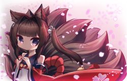 1girl absurdres amagi-chan_(azur_lane) animal_ears azur_lane blunt_bangs brown_hair cameo commentary_request eyeshadow fox_ears fox_girl fox_tail hair_ornament highres inkyubeiteo japanese_clothes kitsune kyuubi long_hair long_sleeves looking_at_viewer makeup manjuu_(azur_lane) multiple_tails petals purple_eyes rope shimenawa sidelocks simple_background solo tail twintails wide_sleeves wind