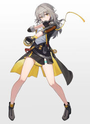 Rule 34 | 1girl, absurdres, black gloves, black shoes, black skirt, closed mouth, full body, gloves, grey hair, half gloves, highres, holding, honkai: star rail, honkai (series), looking at viewer, medium hair, shirt, shoes, single half glove, skirt, smile, solo, stelle (honkai: star rail), trailblazer (honkai: star rail), white shirt, xihongshichaojidan, yellow eyes