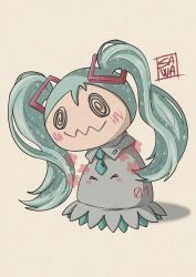 absurdres aqua_hair aqua_necktie clothed_pokemon cosplay creatures_(company) game_freak gen_7_pokemon hatsune_miku hatsune_miku_(cosplay) highres long_hair mimikyu necktie nintendo pokemon pokemon_(creature) sawarudo twintails very_long_hair vocaloid