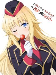 Rule 34 | 1girl, barkhorn0331, blazer, blonde hair, blue eyes, candy, covered mouth, food, garrison cap, gloves, hair between eyes, hat, highres, holding, holding candy, holding food, holding lollipop, jacket, light blush, lollipop, long hair, long sleeves, looking at viewer, military uniform, necktie, one eye closed, qualidea code, red necktie, solo, upper body, utara canaria, very long hair, white background, white gloves