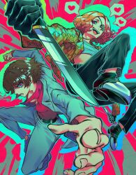 2girls absurdres andrich_galam braid brown_hair cosplay crown_braid eyepatch highres kiryu_kazuma kiryu_kazuma_(cosplay) long_sleeves majima_goro majima_goro_(cosplay) multiple_girls niijima_makoto okumura_haru open_mouth persona persona_5 red_eyes red_shirt ryuu_ga_gotoku_(series) shirt short_hair smile