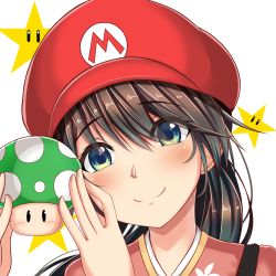 1-up_mushroom 1girl 1up blue_eyes brown_hair cosplay eyebrows hat houshou_(kancolle) kantai_collection light_smile long_hair looking_at_viewer mario mario_(cosplay) mario_(series) mushroom nintendo parody portrait red_hat sazamiso_rx smile star_(symbol) upper_body