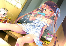 1girl anal_beads areola_slip arm_at_side arm_support bare_shoulders blue_ribbon blush breasts brown_hair collarbone covered_erect_nipples cup day dress drinking_glass dripping eating egg_vibrator eyelashes female_focus fingernails food hair_ribbon highres hinata_mutsuki holding holding_food ice long_hair looking_at_viewer nipple_slip nipples non-web_source off_shoulder one-piece_tan original panties pantyshot popsicle porch remote_control_vibrator ribbon sex_toy shiny_skin shouji sitting sleeveless sleeveless_dress sliding_doors small_breasts smile solo tan tanline tatami teeth tongue tongue_out underwear upper_teeth_only veranda very_long_hair vibrator white_dress white_panties yellow_eyes