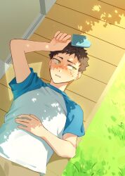 1boy arm_up brown_hair brown_pants commentary_request dot_nose food grass green_eyes haikyuu!! highres holding holding_food holding_popsicle iwaizumi_hajime jiwenghq korean_commentary looking_to_the_side lying male_focus on_back pants parted_lips popsicle shirt short_hair short_sleeves sideways_glance solo summer sweat t-shirt