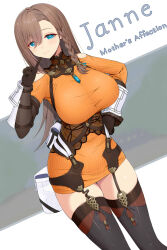 1girl asamura_hiori atelier_(series) atelier_resleriana bare_shoulders blue_eyes blush braid breasts brown_hair commentary_request dress highres janne_lindemann large_breasts long_hair looking_at_viewer revision side_braid single_braid smile solo sweater sweater_dress thighhighs