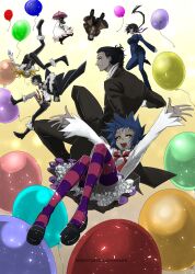 2girls 4boys absurdres balloon bandage_on_neck bandaged_arm bandages belt black_boots black_hair black_hat black_jacket black_necktie black_pants black_shoes black_skirt black_stripes black_suit black_vest blonde_hair blue_hair blue_pants blue_suit boots bow bowtie brown_coat candy coat collared_coat collared_shirt colored_skin d.gray-man devit facepaint falling fat fat_man floating_hair food formal_clothes fur-trimmed_boots fur-trimmed_jacket fur-trimmed_vest fur_trim glasses gloves gradient_background green_ribbon green_shirt grey_skin grin hair_ribbon hair_slicked_back hairband hat hat_ribbon highres holding holding_candy holding_food holding_lollipop holding_umbrella jacket jasdero large_hat lero lollipop long_coat long_hair looking_at_another looking_to_the_side looking_up low_ponytail lulu_bell mature_male millennium_earl miniskirt mole mole_under_eye multiple_boys multiple_girls necktie open_mouth outstretched_arms pants pink_thighhighs pink_umbrella pleated_skirt pointy_ears ponytail pumpkin purple_hairband purple_ribbon purple_skirt purple_stripes red_bow red_bowtie ribbon road_kamelot seto_satoru sharp_teeth shirt shoes short_hair sidelocks single_glove single_sleeve skinn_bolic skirt smile spiked_hair striped_clothes striped_shirt striped_tank_top striped_thighhighs suit tank_top teeth thigh_strap thighhighs thighs topless_male trench_coat tyki_mikk umbrella vest white_background white_coat white_fur white_gloves white_necktie white_shirt white_stripes white_tank_top yellow_background yellow_eyes zettai_ryouiki