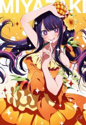 Rule 34 | 1girl, 4b-enpitsu, commentary request, dress, flower, food, fork, fruit, hair flower, hair ornament, highres, holding, holding fork, hoshino ai, long hair, looking at viewer, mango, multicolored hair, orange dress, oshi no ko, pink eyes, pink hair, purple eyes, purple hair, sidelocks, sleeveless, sleeveless dress, solo, star-shaped pupils, star (symbol), streaked hair, symbol-shaped pupils
