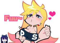 Rule 34 | 2girls, alternate breast size, blonde hair, blue eyes, bouncing breasts, breasts, cleavage, earrings, jewelry, large breasts, long hair, looking at viewer, multiple girls, official style, okitya, panty &amp; stocking with garterbelt, panty (psg), stocking (psg), upper body, white background