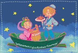 2boys ^_^ artist_name blonde_hair blue_pants boat closed_eyes commentary_request curly_eyebrows dated green_hair hagoromo hat highres holding male_focus multiple_boys one_piece pants roronoa_zoro sanji_(one_piece) scar scar_across_eye scar_on_face shawl short_hair smile star_(symbol) trg_rak watercraft