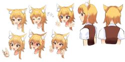 Rule 34 | 1girl, = =, absurdres, ahegao, anger vein, animal ear fluff, animal ears, asymmetrical hair, blonde hair, blush, brown vest, closed mouth, commentary request, cookie (touhou), double v, fox ears, fox girl, fox shadow puppet, highres, medium hair, miramikaru riran, multiple expressions, multiple views, open mouth, pro55h, red eyes, shaded face, shirt, simple background, smile, tearing up, upper body, v, vest, white background, white shirt