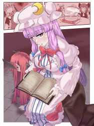 2girls absurdres all_fours black_dress book bow breasts crescent crescent_hair_ornament demon_girl dress femdom full_body hair_bow hair_ornament hat hat_ribbon head_wings highres holding holding_book human_chair human_furniture koakuma long_hair long_sleeves medium_breasts mob_cap multiple_girls neck_ribbon patchouli_knowledge pink_dress pink_footwear pink_hat pom_pom_(clothes) purple_eyes purple_hair red_hair ribbon sidelocks sitting sitting_on_person touhou wings yet_you