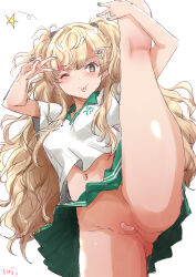 1girl bandaid bandaid_on_pussy blonde_hair double_v fuji_(pixiv24804665) green_skirt grey_eyes hair_ornament hairclip hand_on_own_leg highres holding_own_leg kantai_collection kneepits leg_hold leg_lift leg_up long_hair looking_at_viewer minneapolis_(kancolle) minneapolis_(tennis)_(kancolle) navel no_panties official_alternate_costume one_eye_closed pleated_skirt polo_shirt shirt simple_background skirt smile solo split spoken_star sportswear standing standing_on_one_leg standing_split star_(symbol) tennis_uniform thighs tongue tongue_out two_side_up v wavy_hair white_background white_shirt
