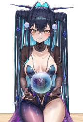 1girl absurdres black_hair blush breasts bubble collarbone colored_inner_hair crossed_bangs earrings goddess_of_victory:_nikke green_hair hair_intakes hair_ornament highres jewelry large_breasts little_mermaid_(abyss_flower)_(nikke) little_mermaid_(nikke) long_hair multicolored_hair nail_polish official_alternate_costume simple_background sitting smile solo subob_(subobdesu) very_long_hair white_background yellow_eyes