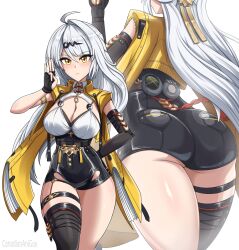 1girl ahoge ass asymmetrical_gloves blush breasts canadiananiguy fingerless_gloves from_behind gloves hair_ornament huge_ass large_breasts long_hair looking_at_viewer multiple_views short_shorts shorts single_thighhigh solo thick_thighs thighhighs thighs very_long_hair vest white_hair yellow_eyes yi_xuan_(zenless_zone_zero) zenless_zone_zero