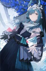 1girl absurdres arknights arknights:_endfield black_gloves blue_hair breasts character_request detached_sleeves dress ema_(kuguiema) gloves highres horns long_hair looking_at_viewer medium_breasts pointy_ears sideboob sidelocks single_glove solo wide_sleeves