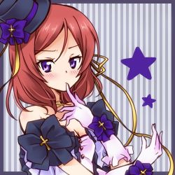 10s 1girl bare_shoulders blush border female_focus finger_to_mouth gloves hat looking_at_viewer love_live! love_live!_school_idol_festival love_live!_school_idol_project lowres nishikino_maki nora-toro pink_gloves purple_eyes red_hair short_hair solo star_(symbol) striped_background upper_body vertical_stripes