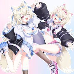 Rule 34 | 2girls, 4kimizuki, :3, absurdres, animal ear fluff, animal ears, arms up, bandaid, bandaid hair ornament, belt, black jacket, black socks, black thighhighs, blonde hair, blue eyes, breasts, claw pose, cleavage, collar, dog ears, dog girl, dog tail, dress, fang, fur collar, fuwawa abyssgard, hair ornament, hairband, hairclip, headphones, headphones around neck, highres, hololive, hololive english, jacket, kneehighs, large breasts, leg up, long hair, midriff, mococo abyssgard, multiple girls, nail polish, navel, one eye closed, open mouth, outstretched arms, panties, panty peek, red eyes, shirt, shoes, short dress, short hair, short shorts, shorts, siblings, single thighhigh, sisters, smile, socks, standing, standing on one leg, stomach, striped clothes, striped panties, tail, thighhighs, thighs, twins, underwear, upshorts, virtual youtuber, white dress, white shirt, white shoes, white shorts