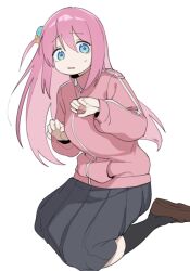 1girl absurdres aqua_eyes black_socks bocchi_the_rock! brown_shoes cube_hair_ornament gotoh_hitori grey_skirt hair_between_eyes hair_ornament highres hufy jacket long_hair long_sleeves looking_at_viewer one_side_up parted_lips pink_hair pink_jacket shoes simple_background sitting skirt socks solo sweat track_jacket white_background