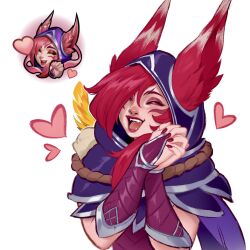 1girl blush commentary english_commentary facial_mark green_(greeniris) hair_over_one_eye happy heart highres hood league_of_legends nose_piercing nose_ring official_art_inset piercing red_hair red_nails reference_inset simple_background smile solo teeth white_background xayah