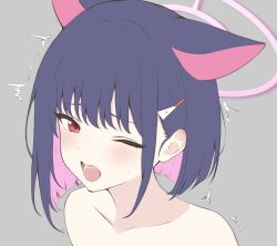 1girl animal_ears blue_archive blush cat_ears collarbone colored_inner_hair commentary_request grey_background hair_ornament hairpin halo highres implied_sex kazusa_(blue_archive) kurumi_kororin looking_at_viewer medium_hair motion_lines multicolored_hair one_eye_closed open_mouth pink_hair pink_halo portrait purple_hair red_eyes saliva saliva_trail sidelocks solo sweat