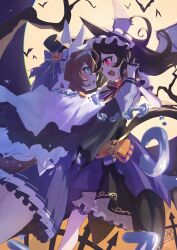 2girls absurdres ahoge animal_ears bat_(animal) bat_wings black_hat blue_eyes brown_hair cape capelet chain clothing_cutout commentary_request fang full_moon hairband halloween halloween_costume hat highres hood hooded_cape horse_ears horse_girl horse_tail long_hair metal_hairband mihono_bourbon_(ghosty_and_the_magic_of_halloween)_(umamusume) mihono_bourbon_(umamusume) mini_hat mini_top_hat moon multiple_girls night night_sky official_alternate_costume purple_skirt red_eyes rice_shower_(make_up_vampire!)_(umamusume) rice_shower_(umamusume) school_uniform skirt sky tail tail_through_clothes top_hat tracen_school_uniform umamusume vampire white_capelet wings winter_uniform yakousei_a