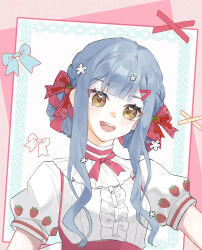 Rule 34 | 1girl, :d, bad source, bang dream!, bang dream! it&#039;s mygo!!!!!, blue hair, blunt bangs, blush, border, bow, braid, brown eyes, buttons, center frills, food, food print, frills, fruit, fruit print, hair bow, hair ornament, hairclip, highres, long hair, looking at viewer, mianhuagao, neck ribbon, open mouth, puffy short sleeves, puffy sleeves, red bow, red ribbon, ribbon, shirt, short sleeves, sidelocks, smile, solo, strawberry, strawberry print, suspenders, sweets paradise, teeth, togawa sakiko, togawa sakiko (sweets paradise), upper body, upper teeth only, white shirt, yellow eyes