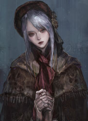 1girl ascot bloodborne bonnet brown_cloak brown_eyes cloak doll_joints eyeshadow facing_viewer flower hat hat_flower head_tilt highres jewelry joints long_hair looking_to_the_side makeup necklace oreki_genya own_hands_clasped own_hands_together painterly plain_doll red_ascot red_lips shirt sidelocks signature simple_background solo upper_body white_hair white_shirt yellow_flower