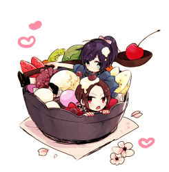 10s 2boys azusa_(rikuriku) banana blue_eyes bow bowl brown_hair cherry dessert flower food fruit hair_bow heart ice_cream in_bowl in_container in_food japanese_clothes kashuu_kiyomitsu kimono kiwi_(fruit) male_focus mini_person miniboy mole mole_under_eye mole_under_mouth multiple_boys nail_polish napkin pink_eyes purple_hair red_nails simple_background spoon strawberry touken_ranbu white_background yamato-no-kami_yasusada