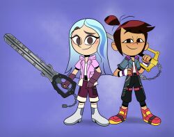 2girls andrea_davenport black_eyes black_pants blue_background blue_hair blush boots brown_gloves brown_hair company_connection crossover disney eyeshadow fingerless_gloves freckles gloves grey_shirt hand_on_own_hip highres holding hood hoodie joseartcentenoofficial keyblade kingdom_hearts long_hair looking_at_viewer makeup molly_mcgee multiple_girls open_clothes open_hoodie pants pink_hoodie ponytail print_boots purple_shorts raised_eyebrow red_boots shirt short_sleeves shorts smile square_enix standing star_(symbol) star_print the_ghost_and_molly_mcgee white_boots white_shirt