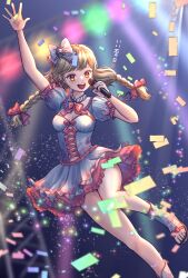 1girl adapted_costume arm_up blonde_hair blush bow bowtie braid breasts commentary_request confetti cross-laced_clothes cross-laced_dress dress ebisu_eika foot_out_of_frame footwear_bow frilled_bow frilled_dress frilled_shirt_collar frilled_sleeves frills hair_bow heart highres holding holding_microphone idol idol_clothes kyabekko leg_up long_hair low_twin_braids microphone open_mouth partial_commentary puffy_short_sleeves puffy_sleeves red_bow red_bowtie red_eyes red_ribbon ribbon short_sleeves smile solo stage stage_lights standing standing_on_one_leg teeth touhou twin_braids two-tone_bow two-tone_dress upper_teeth_only