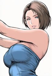 Rule 34 | 1girl, bare arms, bare shoulders, blue eyes, blue shirt, breasts, brown hair, highres, jaydamon, jill valentine, large breasts, looking at viewer, parted bangs, parted lips, resident evil, resident evil 3: nemesis, shirt, short hair, sideboob, solo, strapless, swept bangs, tube top, upper body, white background