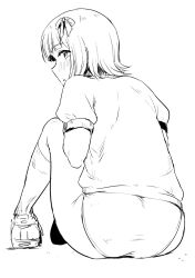 1girl amami_haruka ass blush buruma from_behind full_body greyscale gym_shirt gym_uniform hair_ribbon highres idolmaster idolmaster_(classic) looking_at_viewer looking_back monochrome parted_lips ribbon shirt shoes short_hair short_sleeves simple_background sitting socks solo tsurui white_background
