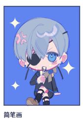 1boy anger_vein black_jacket black_shorts black_sleeves black_socks blue_background blue_eyes blue_flower blue_rose blush_stickers bow bowtie brown_bow brown_bowtie brown_shoes chibi chinese_text ciel_phantomhive coattails collared_jacket crossed_legs crumbs earrings eyelashes eyepatch flower flower_brooch foot_out_of_frame grey_hair highres holding holding_spoon jacket jewelry kneehighs kuroshitsuji long_sleeves looking_at_viewer multiple_drawing_challenge pinstripe_legwear pinstripe_pattern rose shirt shoes short_hair shorts single_blush_sticker sitting socks solo sparkle spoon striped stud_earrings two-tone_background utensil_in_mouth v-neck v-shaped_eyebrows very_short_hair white_background white_shirt yeshisi