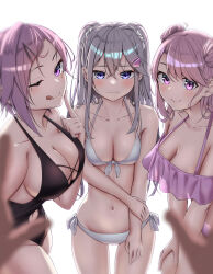 3girls :q absurdres asymmetrical_hair bare_arms bare_shoulders bikini black_bikini black_one-piece_swimsuit blurry blurry_foreground blush breasts cleavage closed_mouth clothing_cutout collarbone cowboy_shot crossed_bangs double_bun embarrassed finger_to_cheek frilled_bikini frills front-tie_bikini_top front-tie_top grey_hair hair_between_eyes hair_bun hair_ornament hair_scrunchie hairclip halterneck hand_on_own_arm hands_on_own_knees hebizono_kyouko highres index_finger_raised kamagaya_momoka kamikakushi_no_eden large_breasts leaning_forward licking_lips light_blush long_hair long_sidelocks looking_at_viewer medium_breasts mole mole_on_breast mole_under_eye mole_under_mouth multiple_girls navel navel_cutout one-piece_swimsuit one_eye_closed parted_bangs pink_bikini pink_eyes pink_hair pov pov_hands purple_eyes sahara386 scrunchie seductive_smile shiroi_shizuku short_hair side-tie_bikini_bottom sidelocks simple_background single_sidelock smile standing straight-on strap_gap swept_bangs swimsuit tongue tongue_out twintails wavy_mouth white_background white_bikini