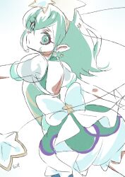 1girl absurdres antennae aqua_choker aqua_dress aqua_eyes aqua_hair back_cutout blue_pantyhose choker clothing_cutout cowboy_shot cure_milky determined dress earrings eyelashes gloves hagoromo_lala hair_between_eyes hair_ornament hairband highres jewelry lace-trimmed_shorts lace_trim long_hair looking_at_viewer looking_back outstretched_arm pantyhose parted_lips pointy_ears precure puffy_short_sleeves puffy_shorts puffy_sleeves see-through_clothes see-through_sleeves shipu_(gassyumaron) shooting_star_hair_ornament short_dress short_sleeves shorts shorts_under_dress signature simple_background single_leg_pantyhose solo star-shaped_pupils star_(symbol) star_earrings star_hair_ornament star_twinkle_precure symbol-shaped_pupils tareme white_background white_gloves white_shorts white_sleeves yellow_hairband yellow_pupils