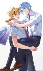 Rule 34 | 2boys, ;d, absurdres, ahoge, bag, belt, belt buckle, black belt, black pants, blonde hair, blood, blue hair, blue necktie, blush, buckle, closed mouth, collared shirt, commentary, crossed bangs, diagonal-striped clothes, diagonal-striped necktie, emong, english commentary, fake horns, genshin impact, green eyes, hair over shoulder, headband, highres, holding, holding bag, horned headwear, horns, hug, kamisato ayato, long hair, looking at viewer, looking to the side, low ponytail, male focus, medium hair, mole, mole under mouth, multiple boys, necktie, one eye closed, open mouth, pants, parted bangs, ponytail, purple eyes, red necktie, scar, scar on arm, school uniform, shirt, shirt tucked in, shopping bag, short sleeves, simple background, smile, striped clothes, striped necktie, sweatdrop, swept bangs, tassel, teeth, thoma (genshin impact), unfinished, white background, white shirt, wing collar