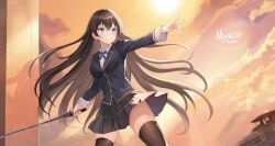 1girl artist_name black_hair black_jacket blazer blue_eyes blush bow breasts brown_hair cloud collared_shirt dutch_angle floating_hair hair_between_eyes holding holding_weapon jacket large_breasts long_hair long_sleeves nicoli3141 original outdoors pleated_skirt school_uniform shirt skirt sky smile solo standing sunset sword thighhighs very_long_hair weapon white_shirt wind zettai_ryouiki