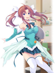 1girl ahoge breasts brown_eyes detached_collar detached_sleeves dress feet_out_of_frame hair_ribbon highres kagerou_(kancolle) kagerou_kai_ni_(kancolle) kantai_collection long_hair map_(blue_catty) medium_breasts overskirt pia_carrot_(series) pia_carrot_e_youkoso!!_3 purple_eyes ribbon solo strapless strapless_dress thighhighs tray twintails twitter_username waitress white_ribbon white_thighhighs