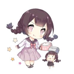 2girls :d :q arms_up blush blush_stickers bow bowtie braid brown_dress brown_hair brown_sailor_collar brown_shoes chibi dress fairy_(girls&#039;_frontline) full_body girls&#039;_frontline holding long_hair long_skirt long_sleeves looking_at_viewer lotion multiple_girls object_on_head official_art open_mouth pink_bow pink_bowtie pink_eyes pink_skirt pleated_skirt rescue_fairy_(girls&#039;_frontline) sailor_collar saru shirt shoes simple_background skirt slit_pupils smile standing standing_on_one_leg star_(symbol) third-party_source tongue tongue_out transparent_background treasure_chest twin_braids v-shaped_eyebrows white_shirt |_|