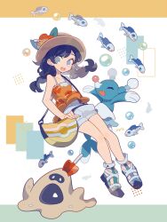 1girl :d auko bag bare_shoulders black_eyes black_hair braid brionne brown_hat bubble creatures_(company) dress flower full_body game_freak gen_7_pokemon hat hat_flower highres long_hair looking_at_viewer nintendo open_mouth orange_dress pokemon pokemon_(creature) pokemon_usum sandygast selene_(pokemon) shorts shoulder_bag sleeveless sleeveless_dress smile sun_hat teeth twin_braids upper_teeth_only white_shorts wishiwashi wishiwashi_(solo) yellow_bag